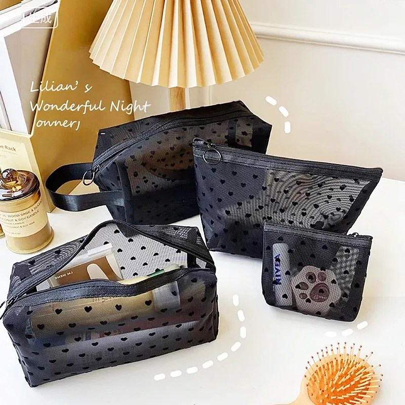 trousse de maquillage en velours de cœur noir en dentelle, sac de rangement transparent pour étudiant, trousse de toilette portable de voyage, trousse de maquillage universelle