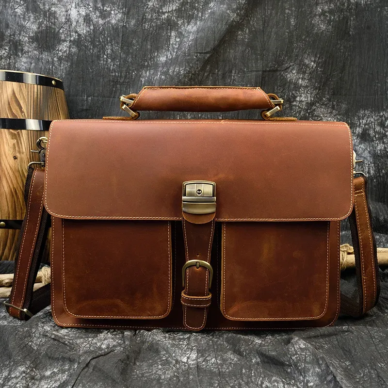 sac d'ordinateur en cuir de vachette véritable pour homme, sac pour ordinateur portable, étui à bombes, 100% cuir véritable, mode vintage, luxe, 15.6"