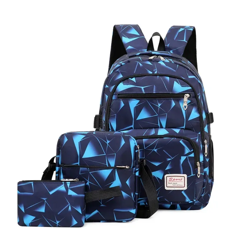 sac dos nylon noir motif géométrique bleu blanc poches lateral zipper usage école voyage