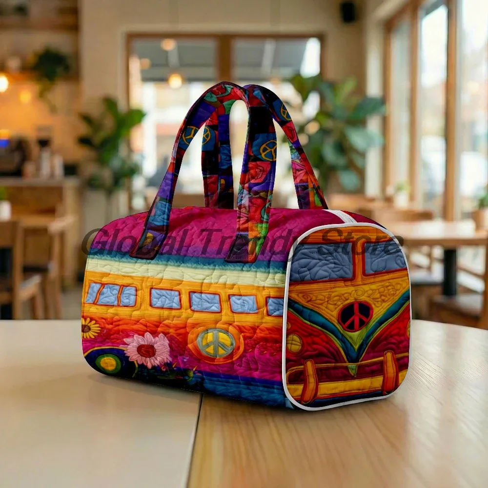 sac de voyage matelassé pour homme, motif floral et bus de la paix, sac fourre-tout décontracté pour femme, sac de week-end