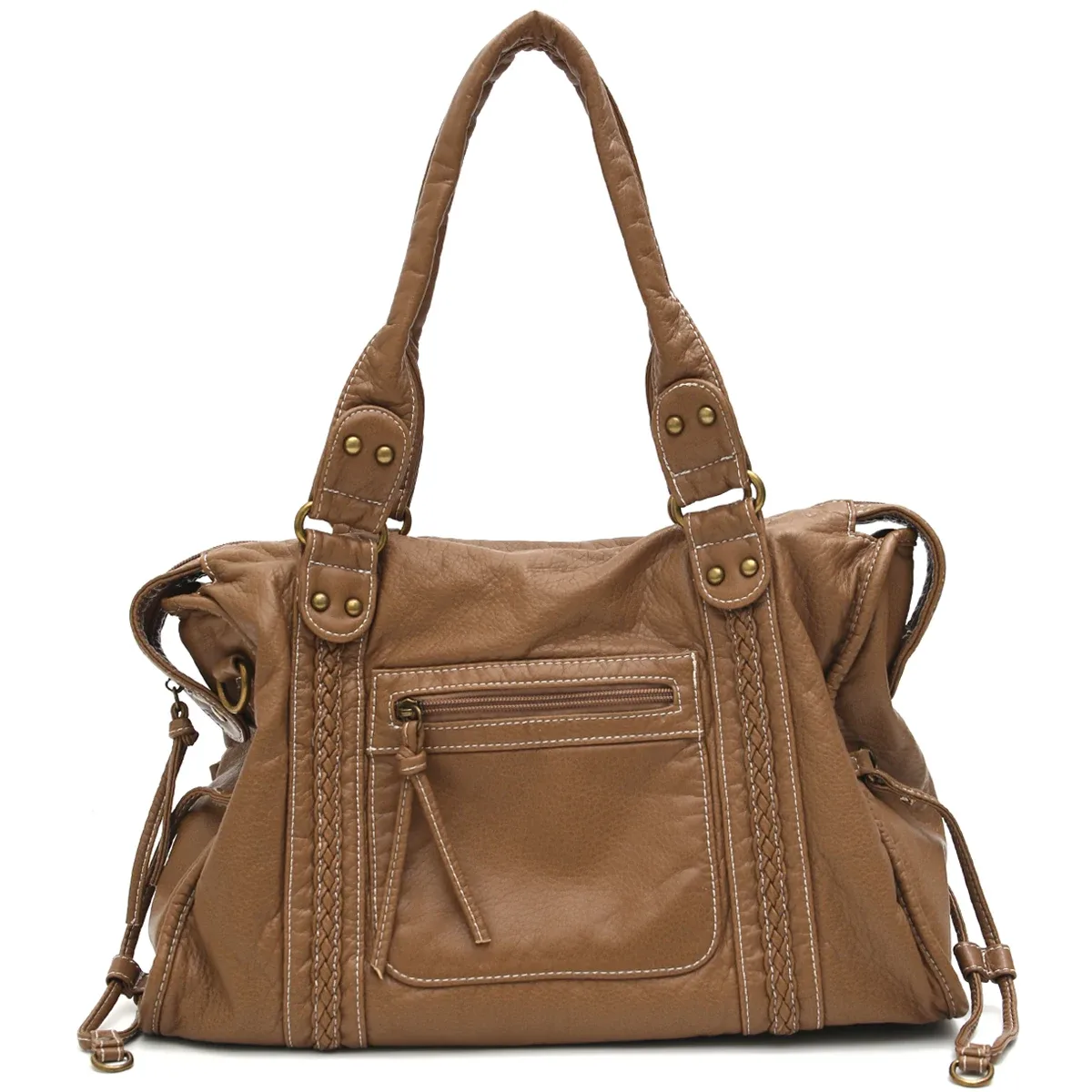 vintage lavé en cuir pu grande capacité fourre-tout poches zippées tresse décor épaule sac à bandoulière unisexe femmes voyage quotidien sac à main