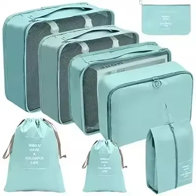 organisateur voyage polyester beige clair sac rangement vêtements chaussures sous-vêtements pochettes transparentes cubes modularité transport