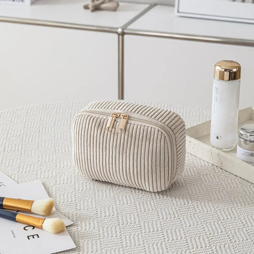 trousse de maquillage en velours côtelé tendance avec fermeture éclair, grande capacité, sac cosmétique de voyage portable, organisateur de rangement, trousse de toilette