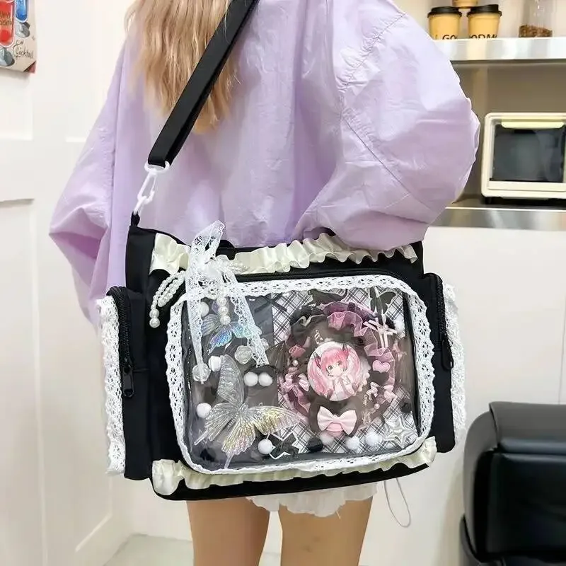 y2k nouveau sac à bandoulière doux ita lolita fille sac à bandoulière transparent femmes grande capacité sac fourre-tout en dentelle mignon bricolage affichage sac à main