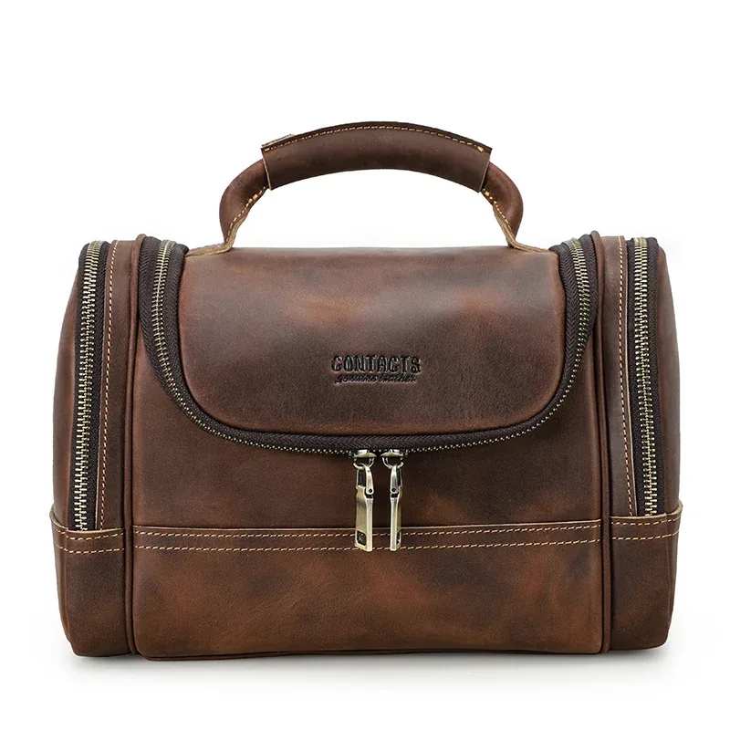 contact's-sac à cosmétiques en cuir véritable pour hommes, trousses de toilette de voyage, sac de lavage de maquillage à poignée supérieure, sac de créateur, capacité d'évaluation