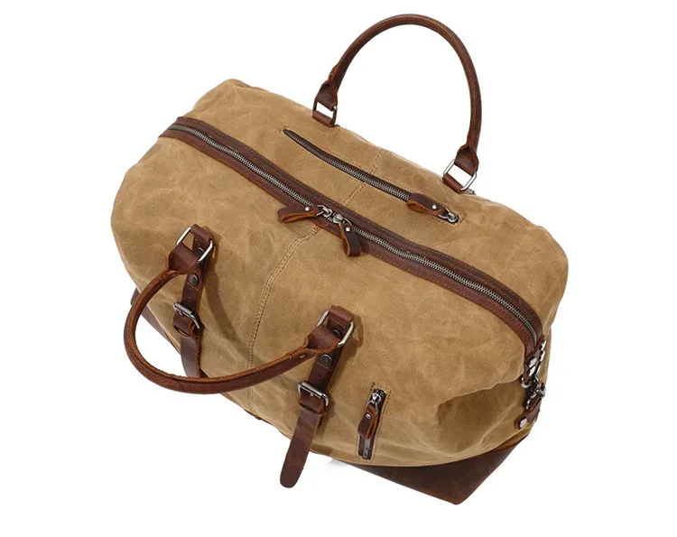 sac de voyage pour homme en toile cirée imperméable et cuir, sac à main, sac de cabine, grand sac fourre-tout vintage, sac de week-end, grand sac de nuit.