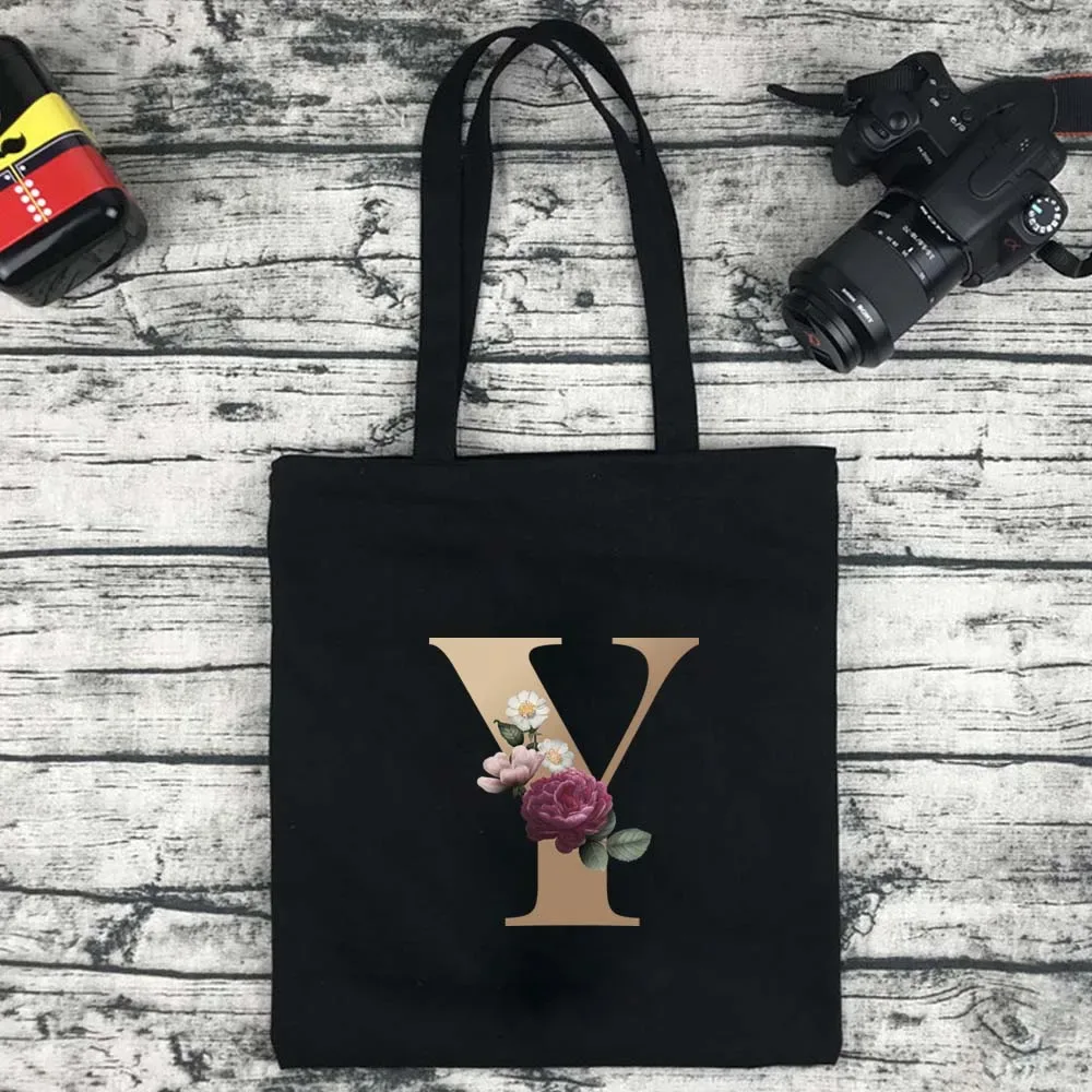 sac de shopping écologique pour femmes, sac à bandoulière portable pliable noir, sac à main réutilisable de grande capacité avec lettres, fourre-tout bolsos