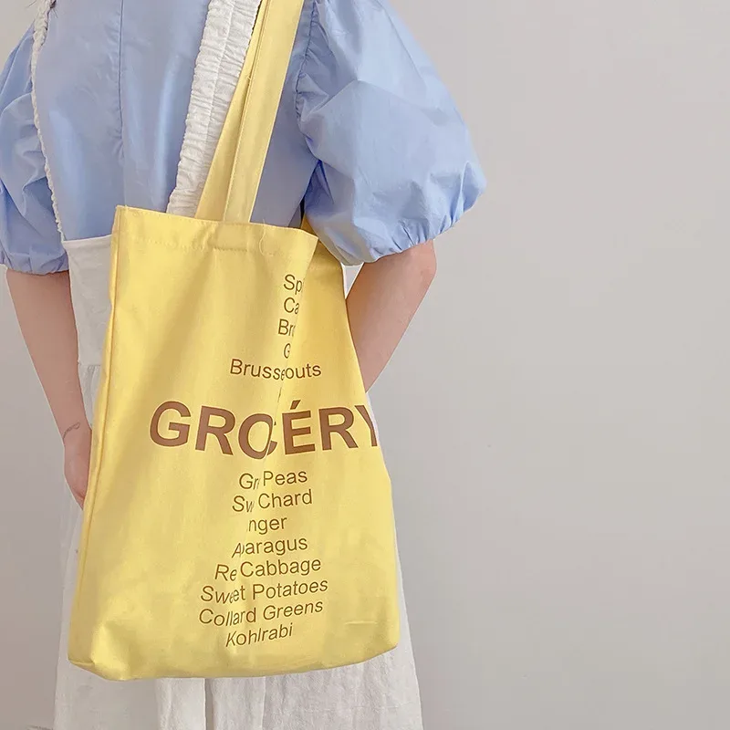 sac de shopping pour femmes, design de liste d'épicerie, sac à bandoulière de couleurs mignonnes pour dames, sac à main en toile écologique, fourre-tout en tissu de coton réutilisable