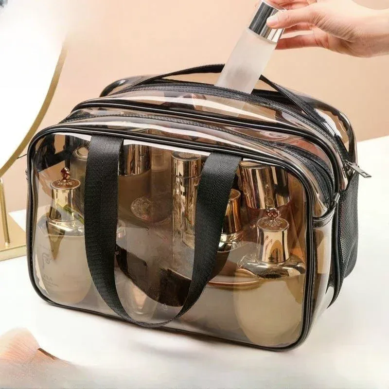 trousse toilette pvc translucide poignées noires multi poches séparation humide sec grande capacité voyage femmes