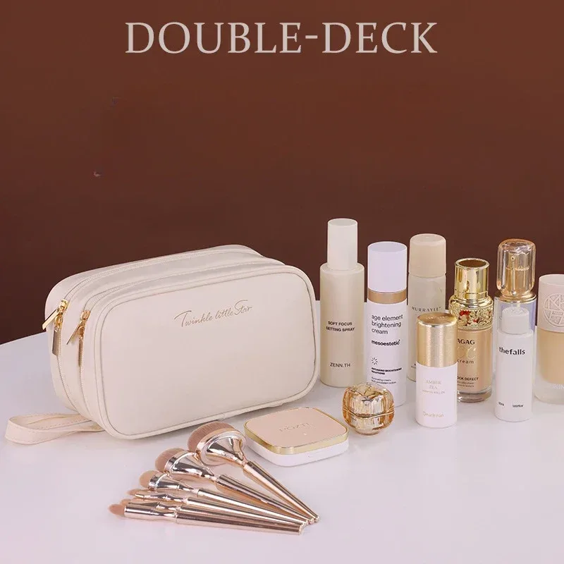 trousse à cosmétiques double couche pour femme, trousse à crayons portable, trousse de maquillage grande capacité, essentiels de voyage, évaluation des cosmétiques, nouveau