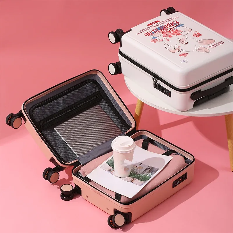 valise plastique abs beige noir gris lapins fleurs roses voyage école enfants toupie roulettes poignées