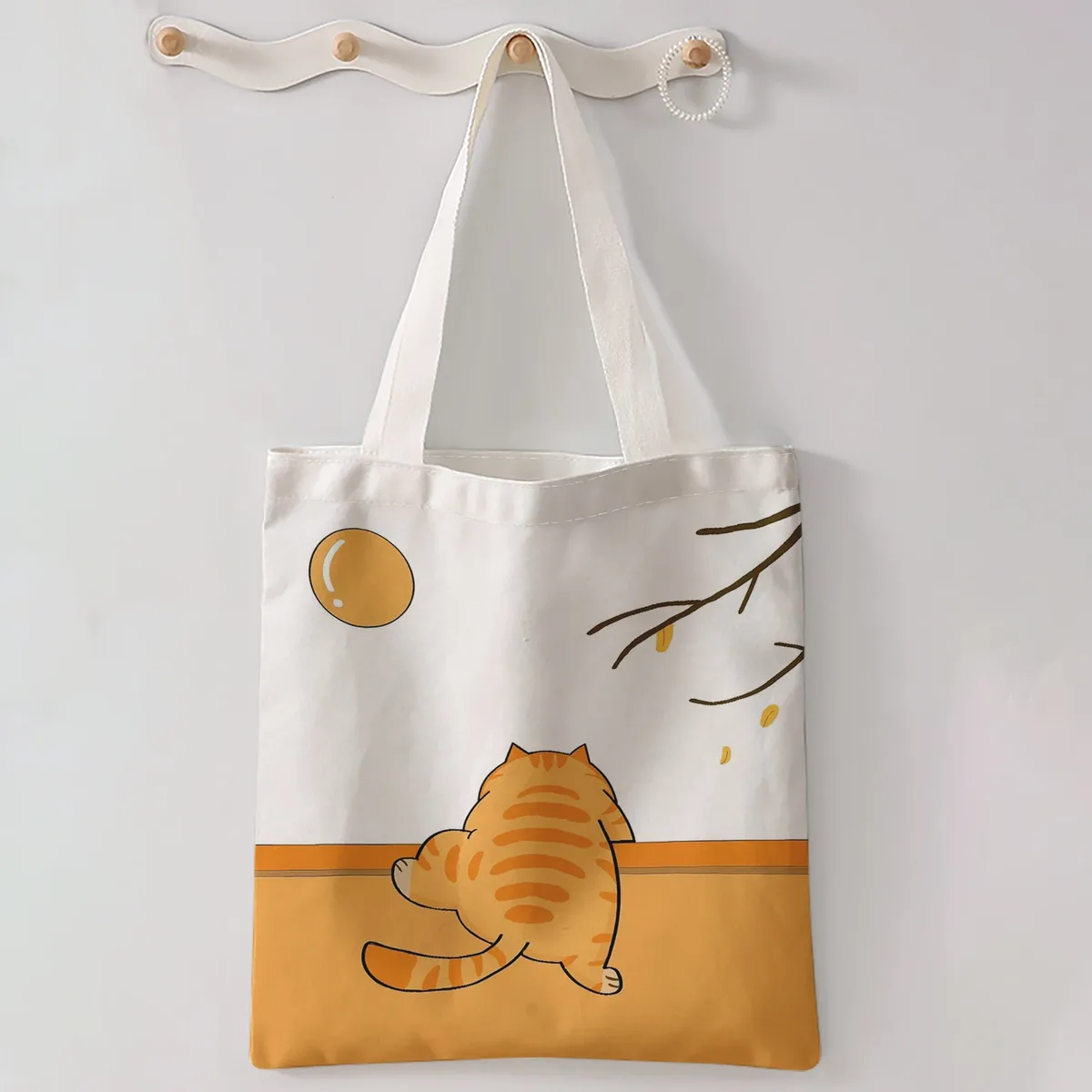 sac fourre-tout à imprimé chat tigré orange et branche d'automne, sac à bandoulière de grande capacité pour le shopping, les voyages et l'usage quotidien