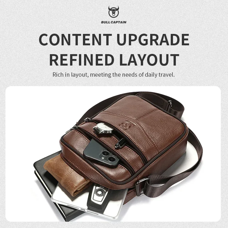 sac à bandoulière en cuir pour homme bullcaptain, multifonctionnel et de grande capacité, sac à bandoulière en cuir de vache, sac à main, sac messager décontracté