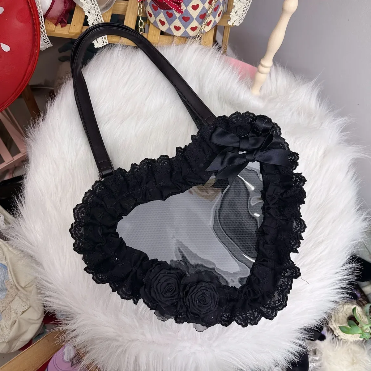 lolita fait à la main amour coeur dentelle fleur mignon sac à bandoulière douce fille étudiants arc fourre-tout sacs à main