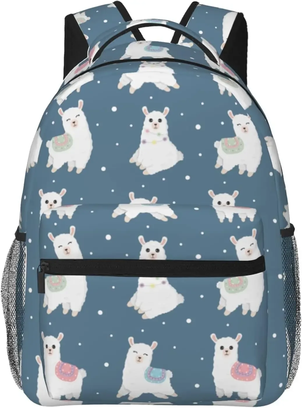 sac dos polyester noir motif lamas fruits vert pastel format rectangulaire sangle chaîne fermeture éclair poche intérieure zippée usage voyage école université