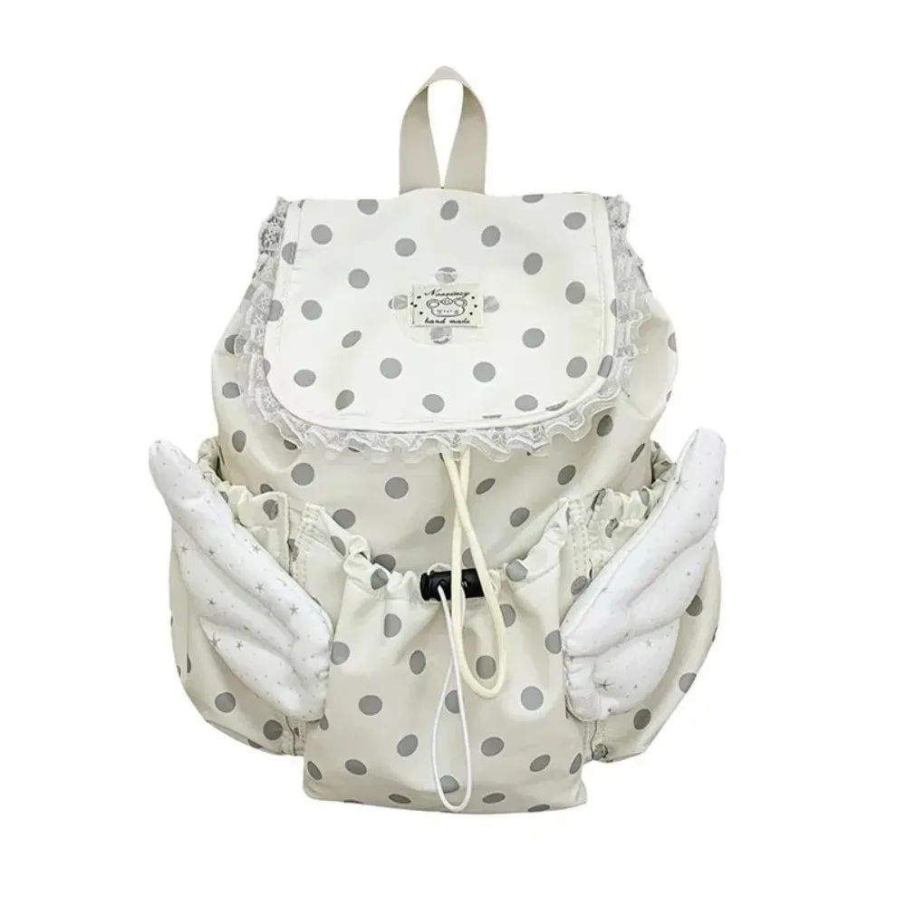 sac à dos à cordon de serrage à motif à pois, garniture en dentelle, grande capacité, sac à dos d'école, sac à dos de voyage réglable avec cordon de serrage, ailes d'ange