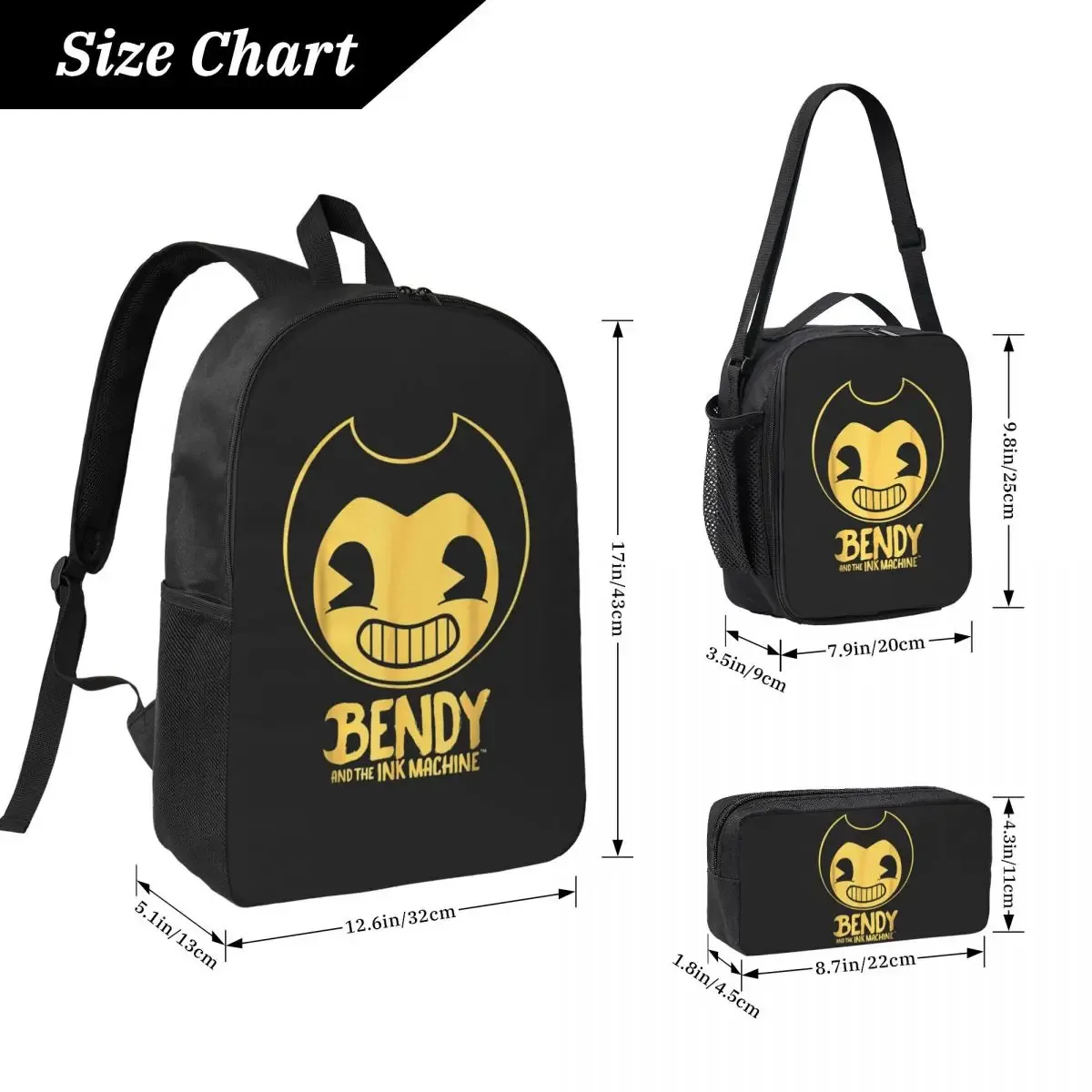 sac à dos bendy-ink-machine, sac à livres pour étudiants, sac d'école, sacs à bandoulière pour ordinateur, 3 sacs à déjeuner isothermes, trousse à crayons