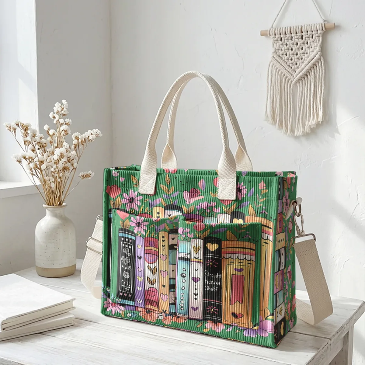 sac fourre-tout en velours côtelé imprimé livres et fleurs colorés, grande capacité, multi-poches, sac à bandoulière pour les trajets quotidiens