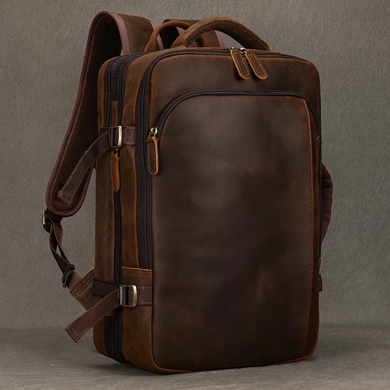 sac à dos vintage en cuir de cheval pour homme, sac à dos en cuir de vachette, grand sac à dos de voyage classique, grand sac à main pour ordinateur portable 15.6"