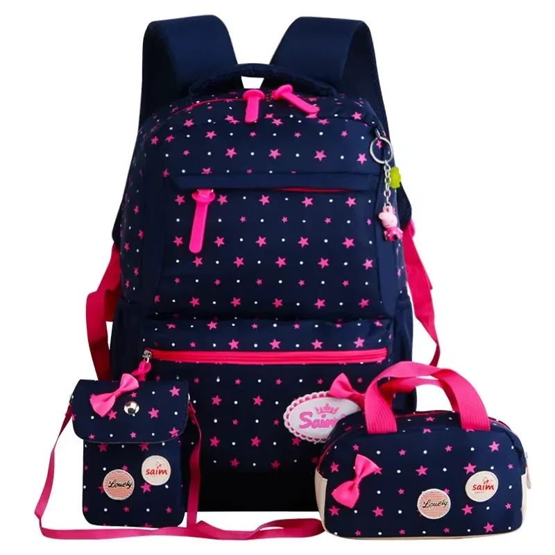 sac dos polyester point rose cœurs rouges bleus nœuds noirs pochette crayon sacs école filles voyage