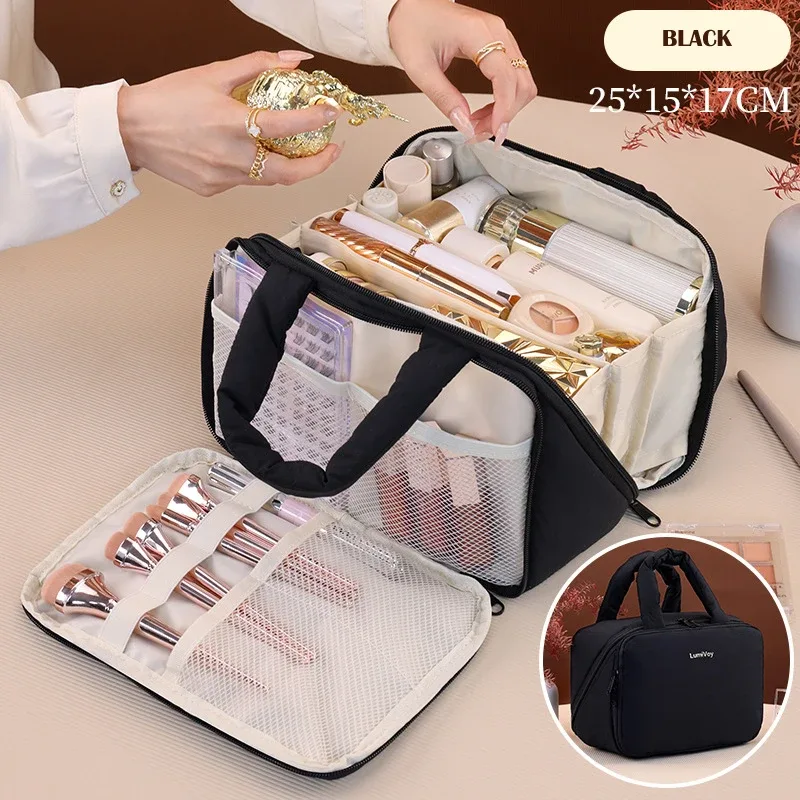 trousse de toilette avec séparateur et poignée, grande capacité, organisateur de maquillage à ouverture large, fermeture éclair, nouveau design, sac cosmétique de voyage mignon