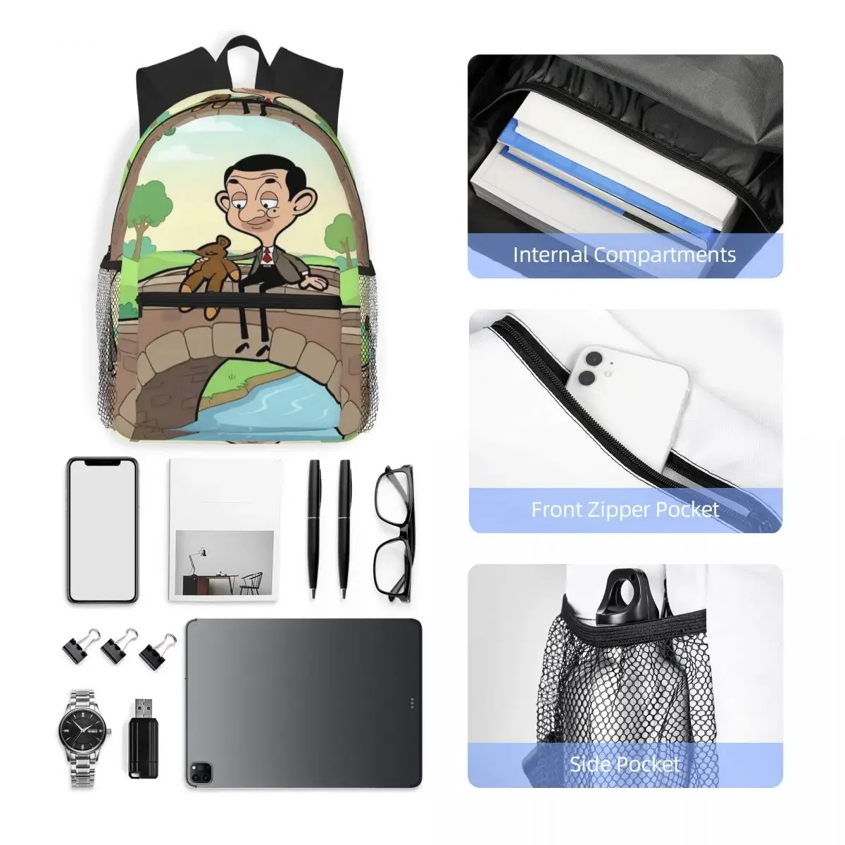 mr bean cartoon sac à dos pour étudiants, sac d'école, sac à dos de randonnée, sac à dos de voyage pour hommes et femmes, sac à bandoulière