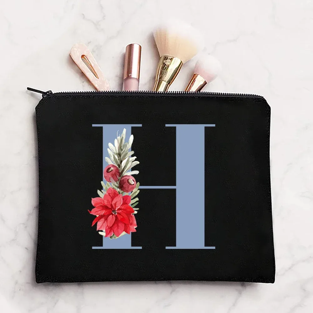 sac à cosmétiques en tissu pour femmes, pochette de maquillage, sac de voyage, rouge à lèvres, étuis de rangement, pochette à fermeture éclair, porte-monnaie de téléphone, initiales bleues imprimées