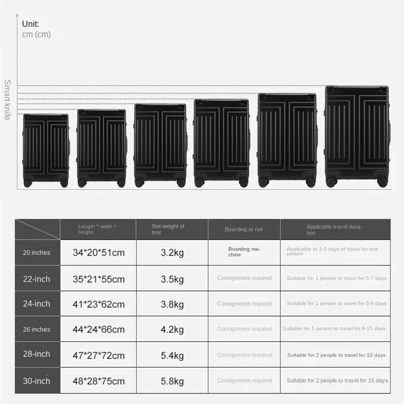 valise à roulettes en aluminium 100% de 20, 24, 26, 28, 30 pouces, valise de cabine imperméable en métal, valise de voyage en aluminium avec roulettes