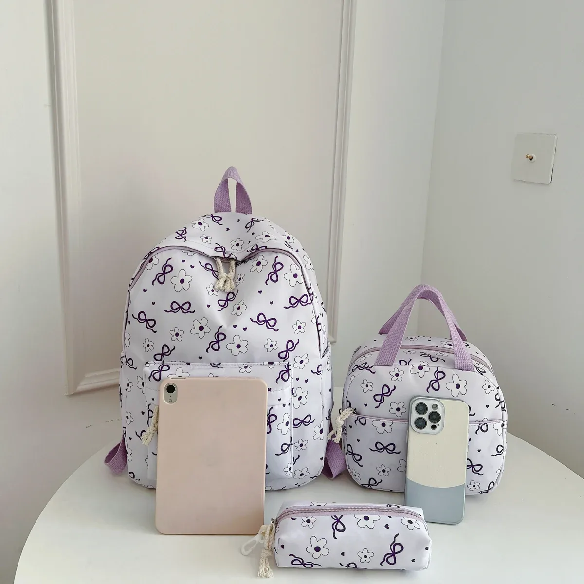 sac à dos imprimé fleurs avec nœud, léger et multifonctionnel, ensemble de trois pièces, pour étudiants et campus – collection high beauty sweet cool