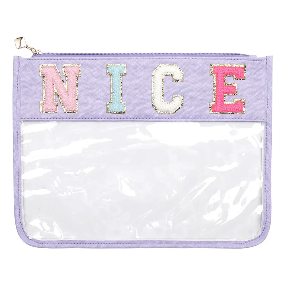 sac à cosmétiques en pvc transparent avec patchs de lettres, pochette de voyage pour femmes, pochettes de maquillage, trousse de toilette