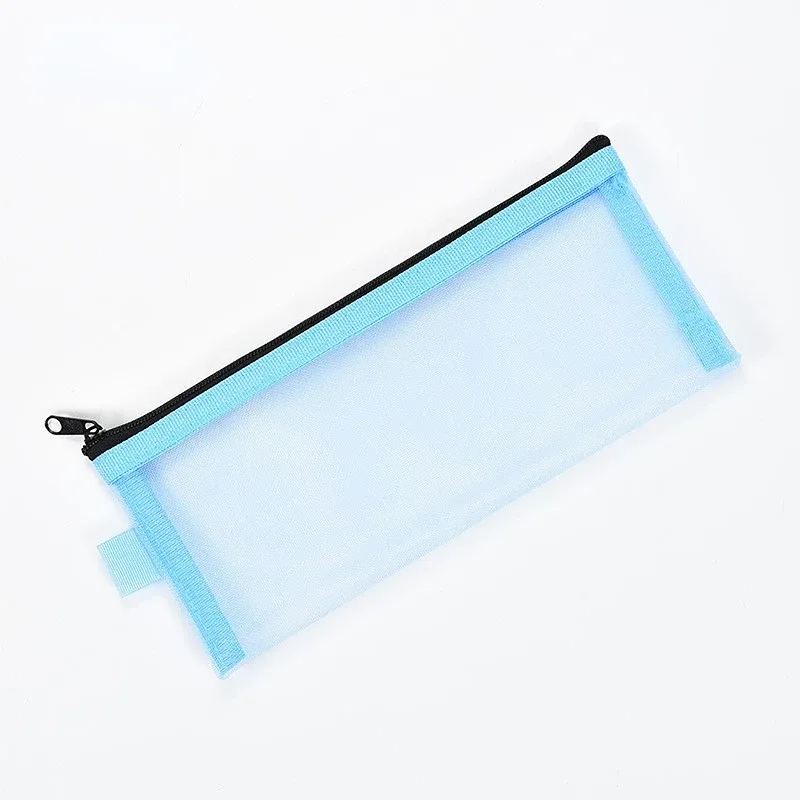 trousse toilette nylon transparente noire bleu clair rose pâle gris clair maille décontracté cosmétique maquillage voyage