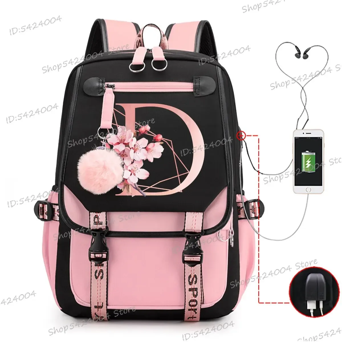 sac dos nylon unisexe rose noir lettre initiale motifs floral personnages voyage adolescents toile interne ordinateur poche fentes compartiments