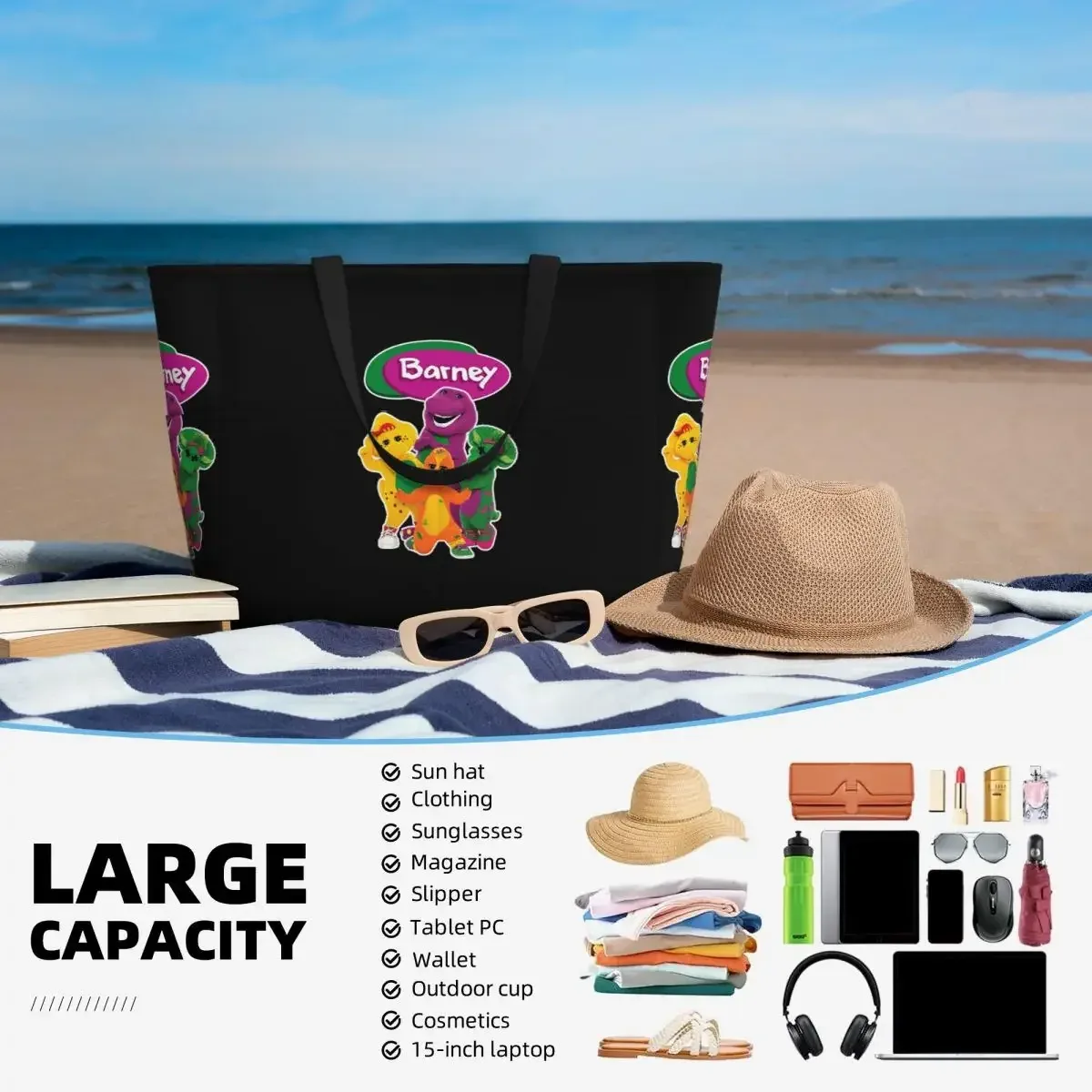 sac voyage polyester motifs personnages animés sacoche noire poches latérales grande poche avant usage voyage sport plage yoga