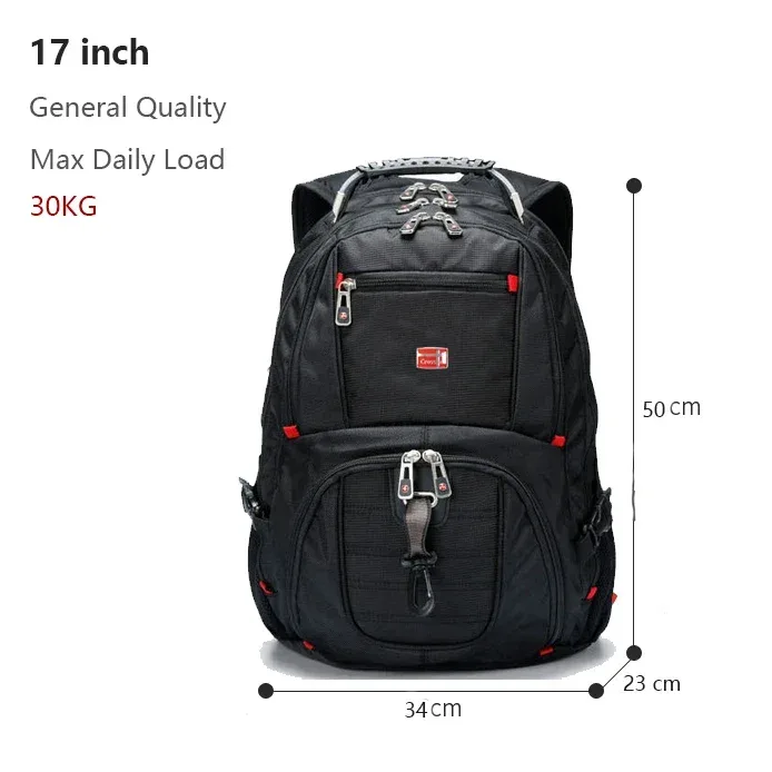 sac à dos multifonctionnel suisse pour ordinateur portable 17 pouces, sac de voyage, sac à livres d'université avec port de chargement usb, résistant à l'eau