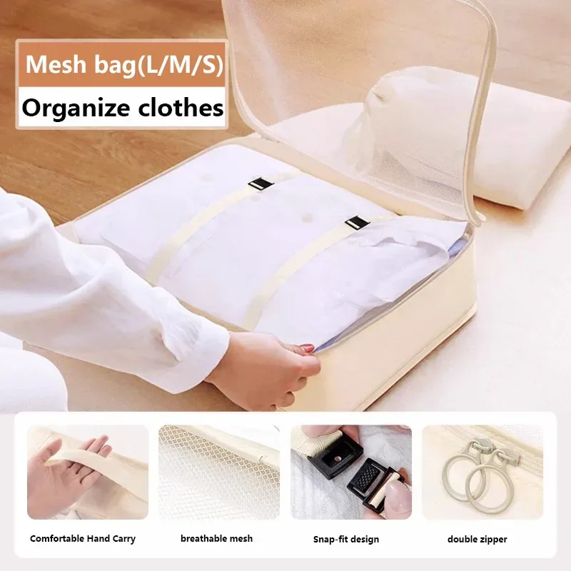 organisateur voyage polyester beige clair compartiments visibilité optimal organisation vêtements chaussures articles toilette sac respirant ventilation séchage rapide set pièces pliable
