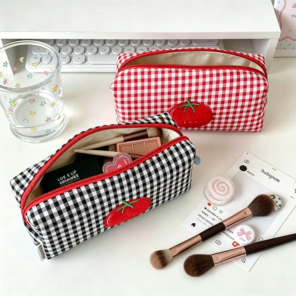 Sac de maquillage à carreaux couleur tomate, sac de rangement pour pinceaux de maquillage, trousse à crayons portable de grande capacité
