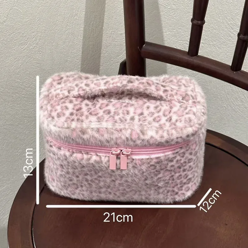 organisateur de toilette de voyage résistant à l'usure, étui de rangement mignon, sac cosmétique en fausse fourrure imprimé léopard rose, pochette de maquillage en peluche pour femmes
