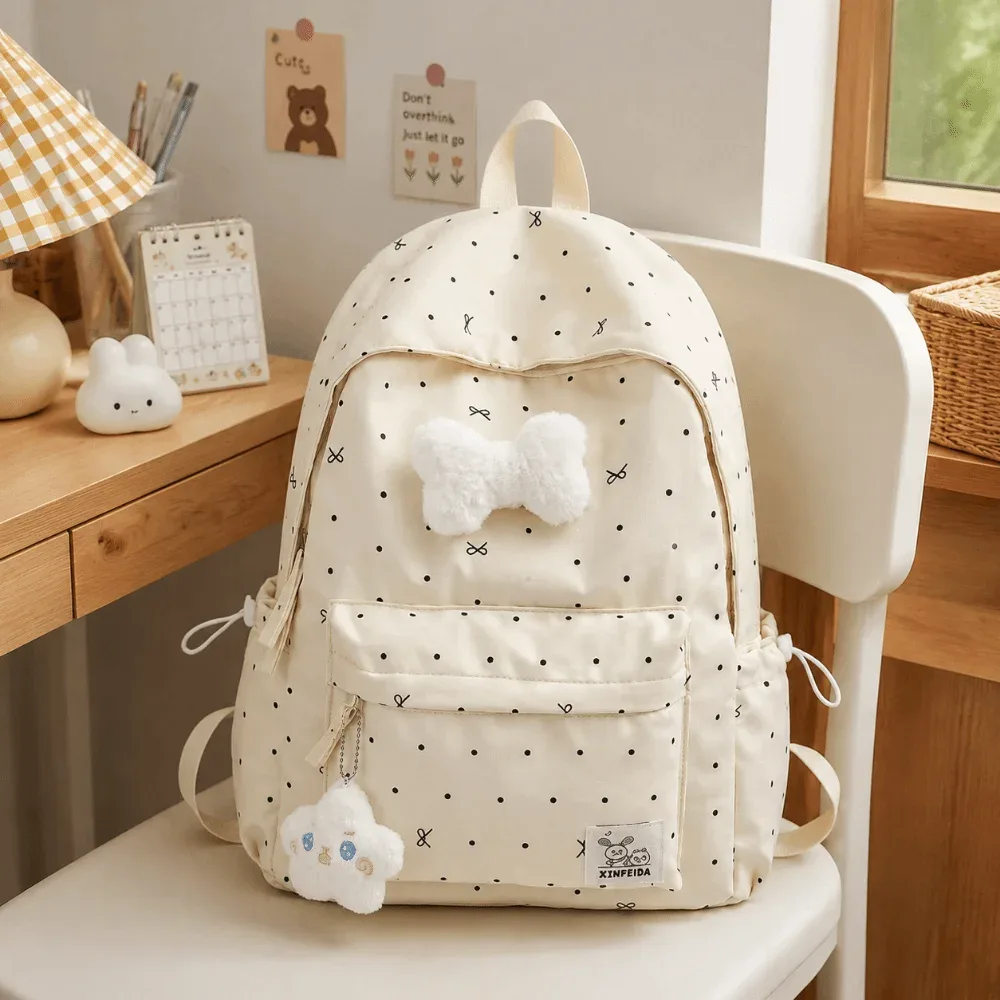 sac à dos tendance léger à pois, décontracté, respirant, pour étudiants, durable, avec nœud, grande capacité, pour filles