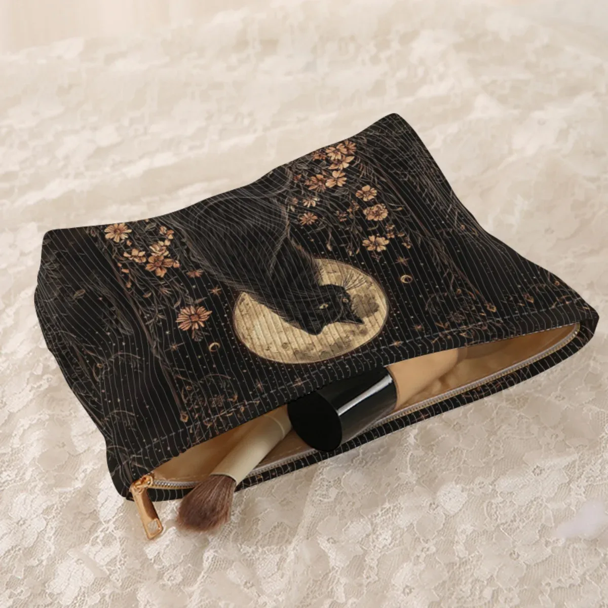 trousse de maquillage en velours côtelé à motif chat, boîte de rangement légère à fermeture éclair, sac multifonctionnel avec doublure, utilisé pour ranger les cosmétiques
