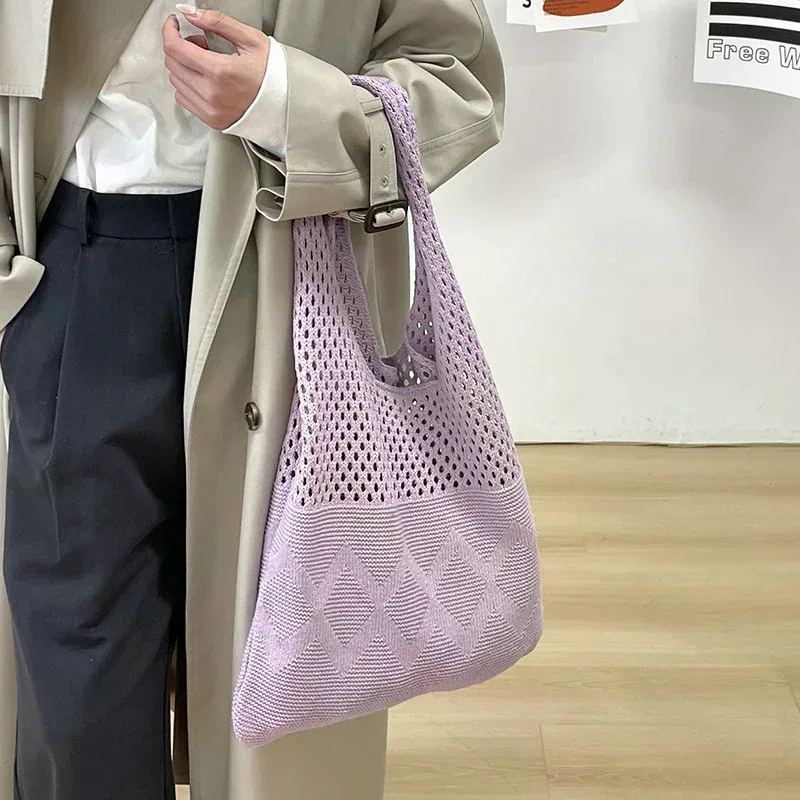 sac de rangement portable en fil tricoté style rétro, grande capacité, sac à bandoulière décontracté, sac de shopping, sac fourre-tout pratique, sac à main