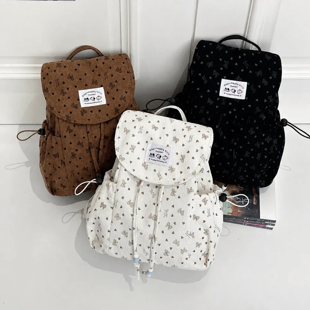 sac à dos élégant et léger en velours côtelé à imprimé nœud, grande capacité, design simple, sac à dos à cordon, sac à dos décontracté polyvalent pour étudiant