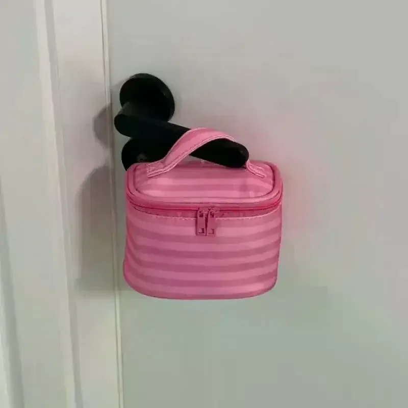 trousse de maquillage rose rayée avec miroir et fermeture éclair, sac de voyage portable pour femmes, organisateur cosmétique mignon et adorable, pochette de toilette