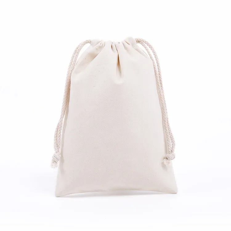 sac d'emballage en toile de coton et polyester avec cordon de serrage, personnalisable avec logo, blanc uni, pour cadeaux et rangement