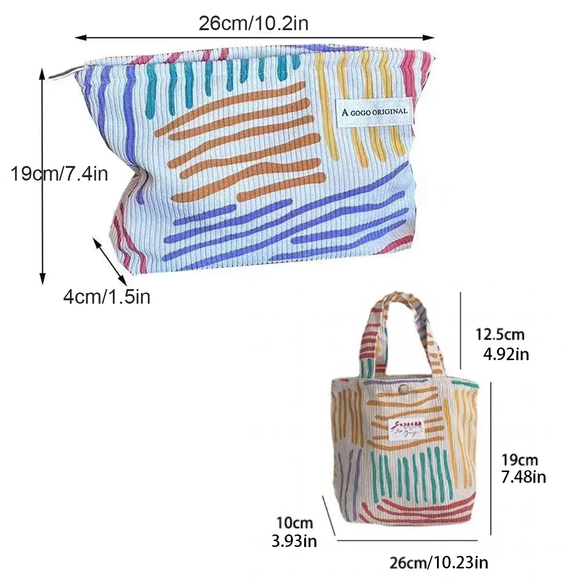 trousse de toilette en velours côtelé, sac de rangement portable rayé pour produits de soin, essentiels de voyage pour étudiants et déplacements professionnels