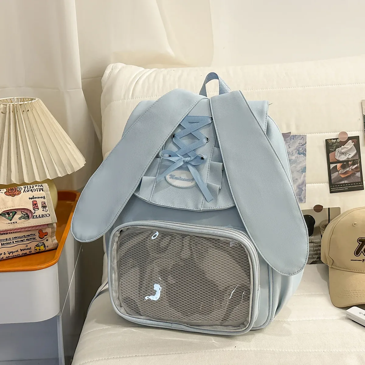 sac à dos transparent pour femmes et adolescentes, style ita bag avec oreilles de lapin et nœud, mignon