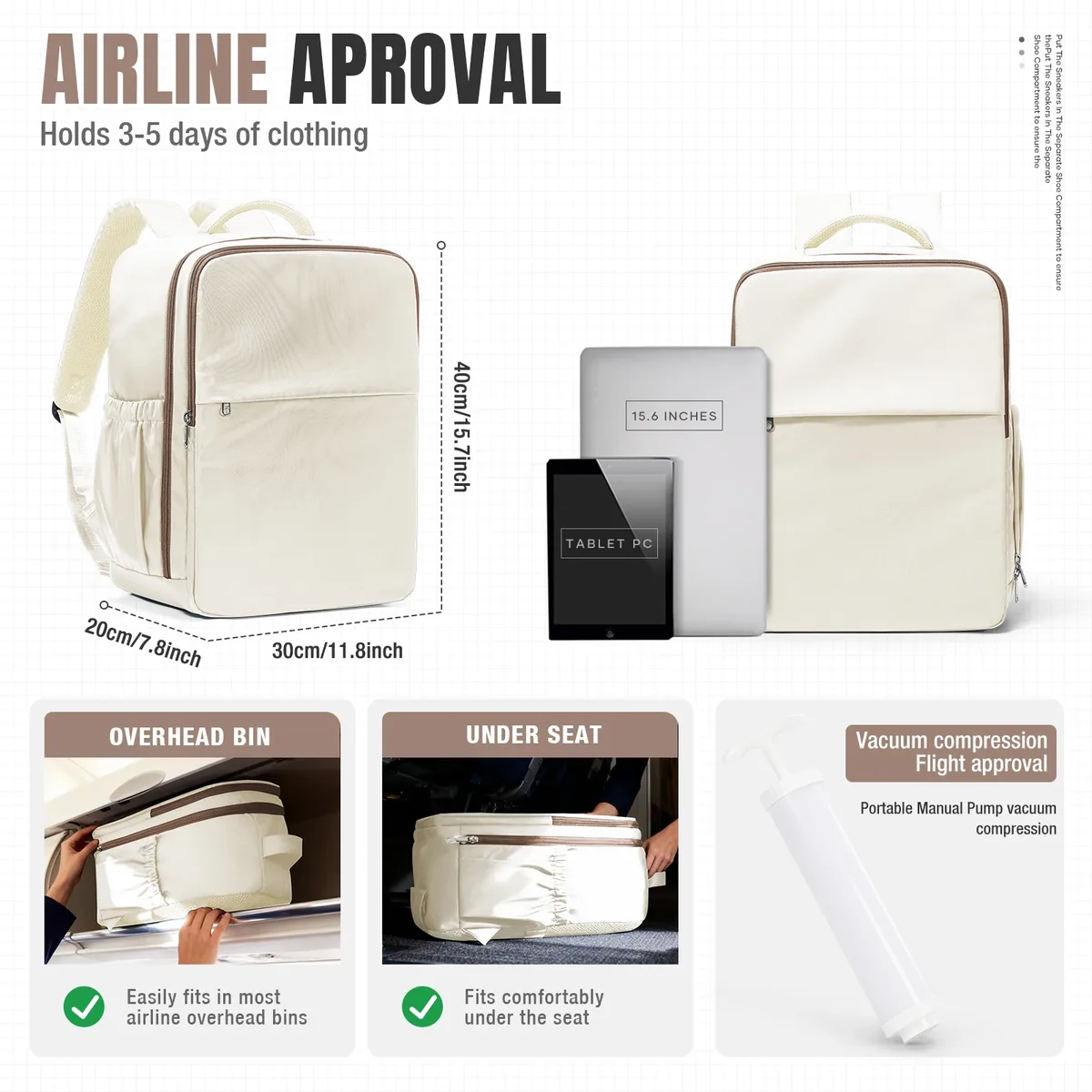sac à dos de voyage sous vide avec pompe manuelle, compatible ryanair, 40x30x20, pour ordinateur portable, école, avion, bagage à main