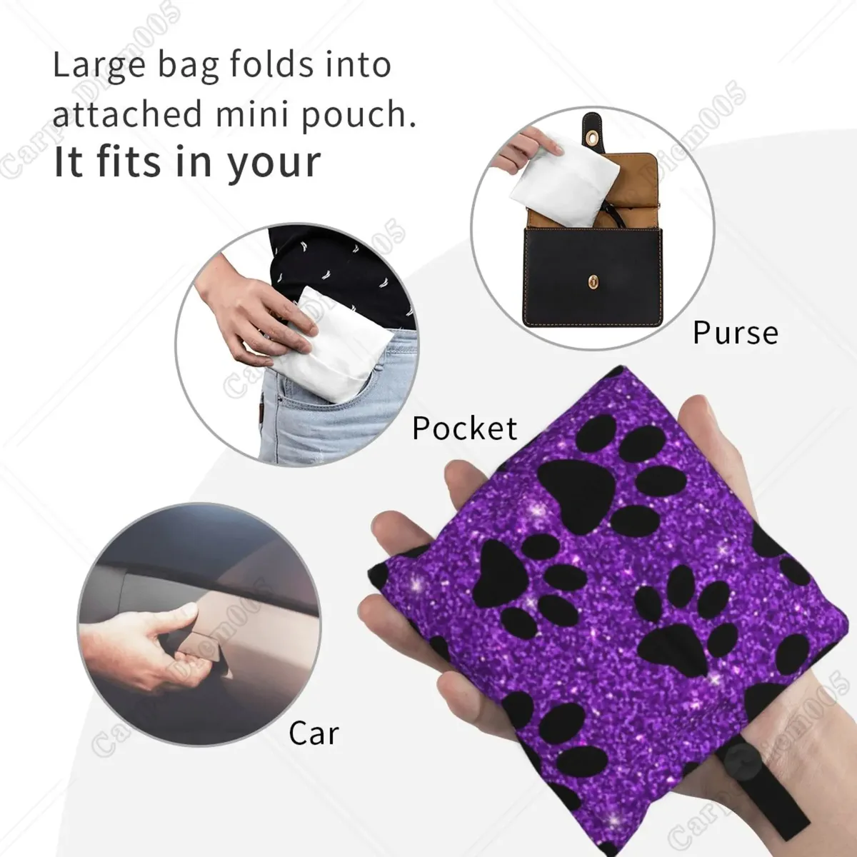 sac fourre-tout mignon pour femme, pattes de chien violet, sac de shopping pliant, travail de shopping, marche en plein air, mode sans fermeture à glissière, cuillère à soupe, rotterdam, kle