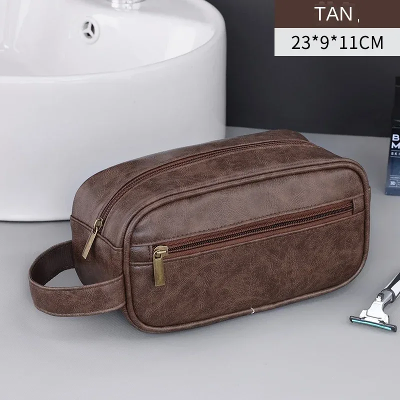 sac de lavage en cuir pour hommes, sac de voyage, voyages d'affaires, sac à cosmétiques portable, grande capacité, conception multi-poches, sac de lavage en cuir