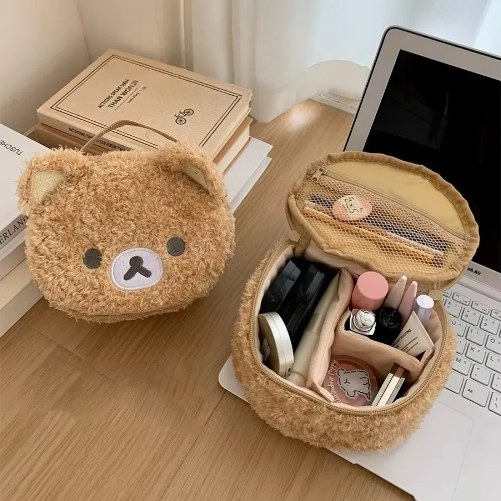trousse de maquillage portable en peluche, sac cosmétique ours de dessin animé pour femmes, pochette de rangement pour bijoux, pochette de voyage grande capacité