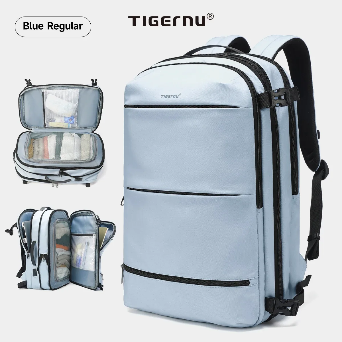 sac à dos de compression sous vide tigernu pour hommes, sac à dos de voyage extensible avec port usb, grande capacité, sac pour ordinateur portable 17 pouces, sacs de cabine pour l'école